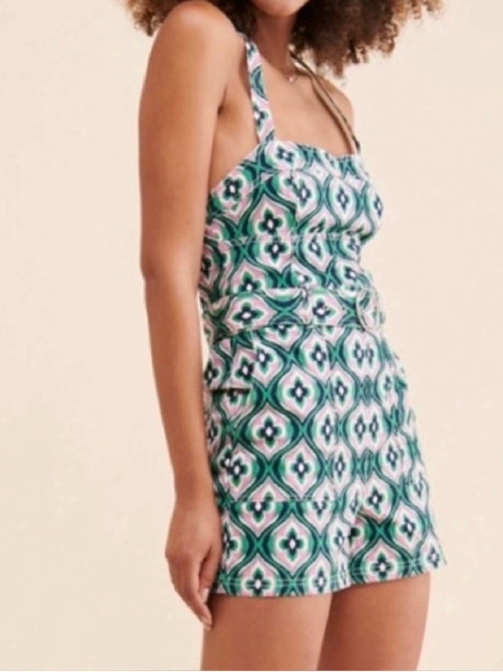 Maeve Anthropologie Green Geometric Print Mini Romper